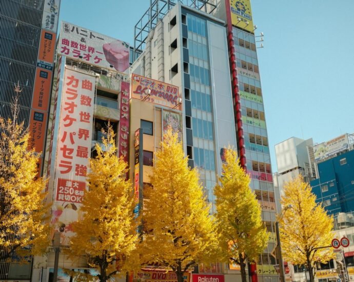 Colorful autumn trees line the streets of bustling Tokyo, Japan, amidst high-rise buildings.